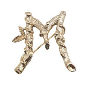Vintage Sarah Coventry Letter M Tree Vine Brooch 1.5” Gold Tone Floral Costume